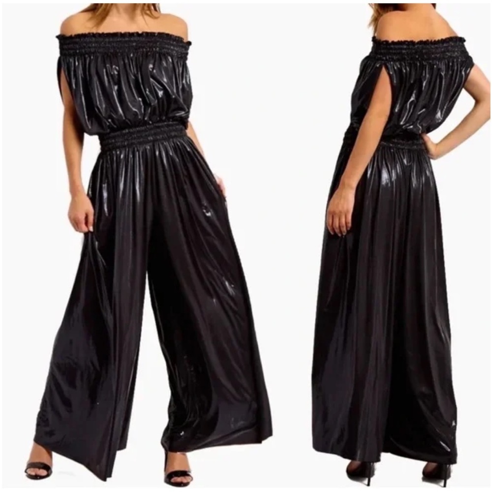 Norma Kamali Sleeveless Off The Shoulder Peasant Shimmering Black Jumpsuit Sz XS